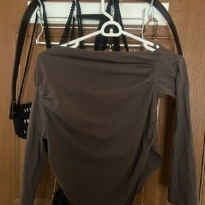 Dark Grey Women's Top Asymmetrical Neck Ruched Side